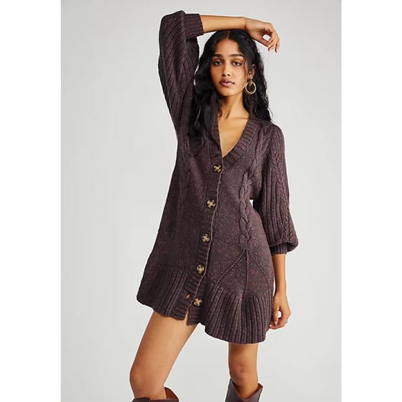 Free People Dresses & Skirts - Free People PENELOPE Plum Jam Button-Front Long Sleeve Mini Sweater Dress L NWT
